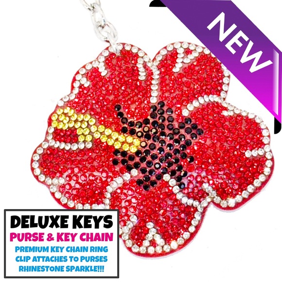 DeLuxe Keys Rhinestone Keychain/Purse Chain RED HIBISCUS - Picture 2 of 3